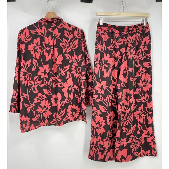 ZARA | Coral Chocolate Brown Botanical Floral Matching Satin Pajama Set M - Picture 3 of 13